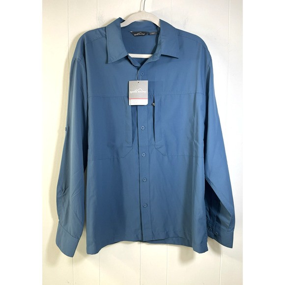 Eddie Bauer Performance Travel Shirt UV50+ Zip Pockets Blue Size Large New - Picture 1 of 13